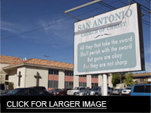 live by the sword church sign